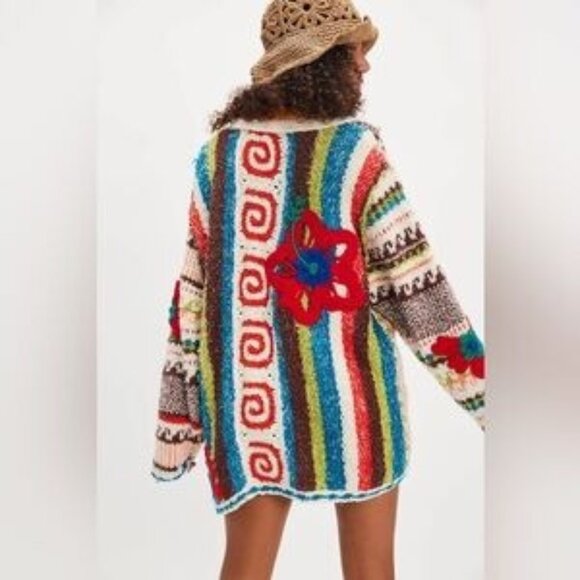 Free People Terry Towel Cardigan Womens M Grandma Vintage Whimsical Boho Hippie - Picture 1 of 9